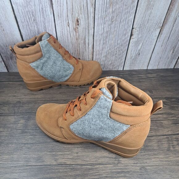 Sorel Evie Lace Up Wedge Leather Ankle Suede Bootie Women's Sz 8 Brown (VGC) - Picture 5 of 9